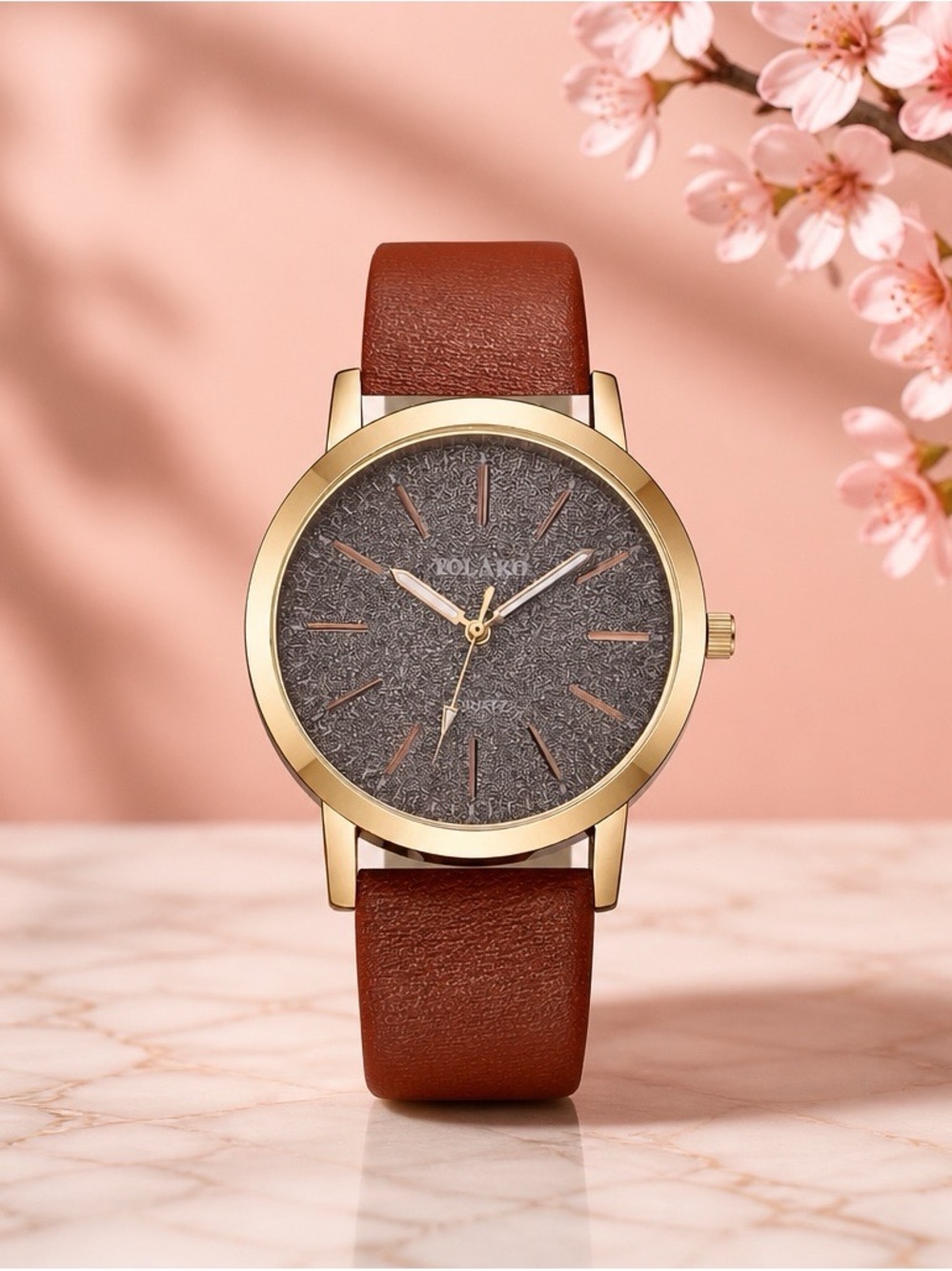 2387 - Brown - Classic Women's Watch with Brown Leather Strap and Gold Case
